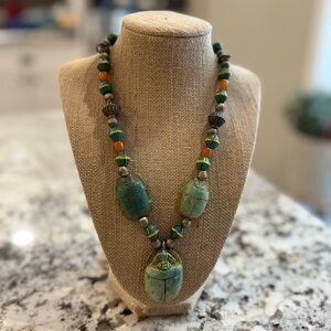 Estate Vintage Carved Scarab Hieroglyphics Colorful Stone Clay Necklace